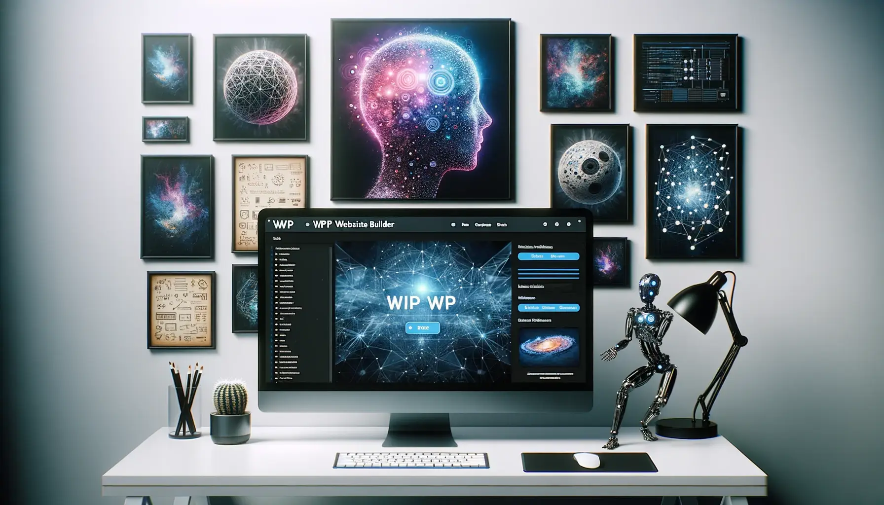 Photo d'un espace de travail élégant avec un grand écran de 1 200 pixels de large présentant l'interface de création de site Web « ZIP WP ». La zone environnante est ornée d'œuvres d'art numérique, de diagrammes de réseaux neuronaux et de décorations liées à l'IA soulignant la nature innovante de l'outil.