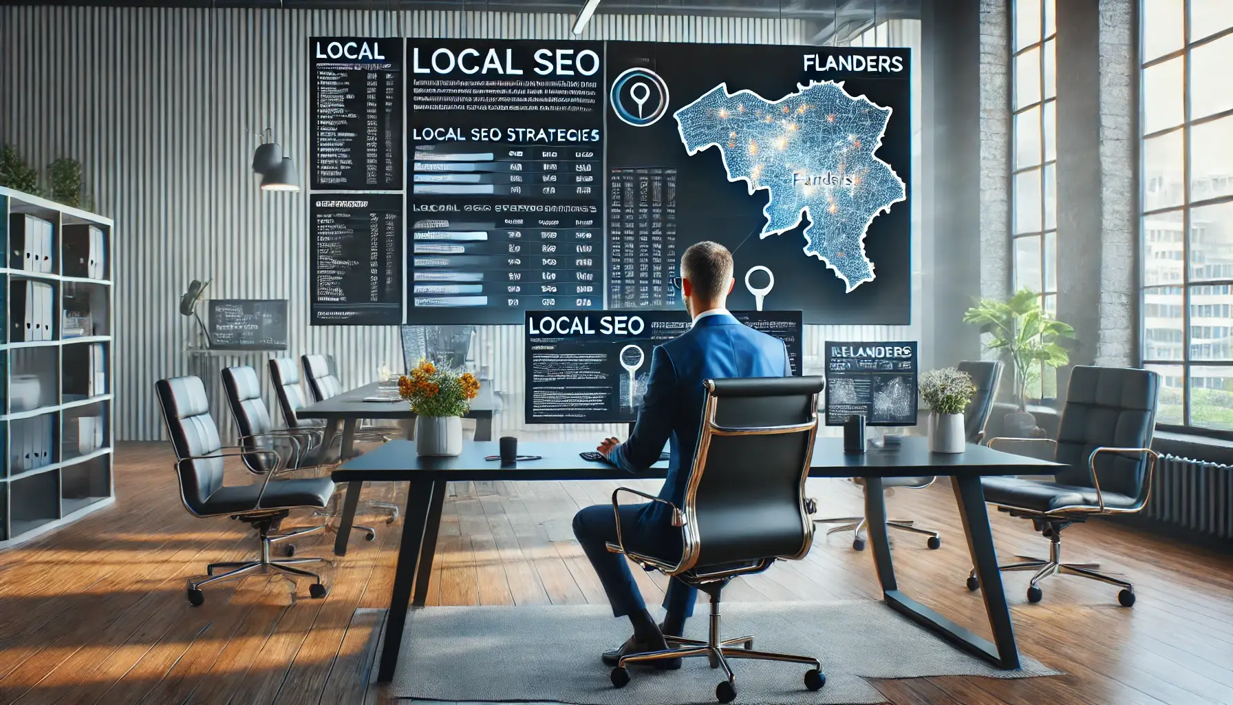 Expert en marketing digital travaillant sur des stratégies de SEO local pour les entreprises en Flandres avec des outils de performance et une carte régionale affichée à l'écran