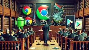 Salle d'audience où un juge préside une affaire majeure impliquant Google, avec des symboles de Chrome, Android et Google Play partiellement brisés, représentant la possible scission du géant technologique.