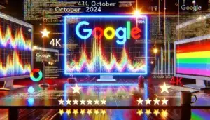 Graphiques SEO montrant des fluctuations de classement avec un grand logo Google en arrière-plan, symbolisant l'instabilité des classements de recherche en octobre 2024.