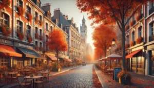 Rue pavée de Lille en automne avec des bâtiments historiques et des feuilles colorées au sol